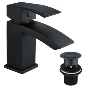 Bathroom WATERFALL Black Matt Basin Sink Mono Mixer & Bath Shower Mixer Tap Lever Tap