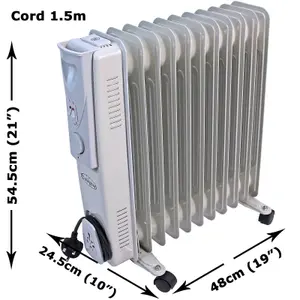 Oil Filled Portable Radiator 2500W Electric Heater 11 Fins 3 settings Thermostat