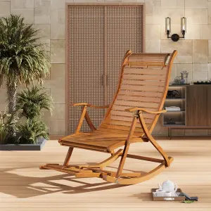 Foldable Adjustable Bamboo Indoor and Outdoor Recliner Chair Sun Lounge Rocking Chair with Retractable Footrest Brown