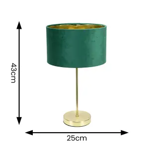 ValueLights Charles Gold Stem Table Lamp with Forest Green Velvet with Gold Inner Lamp Shade