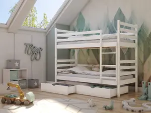 Modern Wooden Bunk Bed Nemo with Storage in White and Bonnell Mattresses