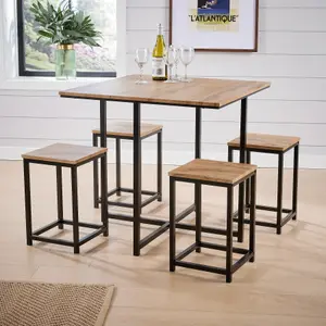 Home Source Paphos Table and 4 Bar Stool Set Oak Effect Black Metal Legs