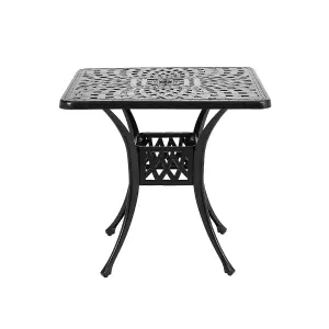 Black Square Vintage Hollow Design Cast Aluminum Outdoor Patio Dining Table with Parasol Hole All Weather