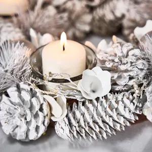 White Frosted Round Table Centrepiece Christmas Decoration Candle Holder Tealight Holder 30cm