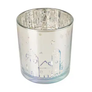 Small Silver effect Christmas Street Scene Glass Tea light holder