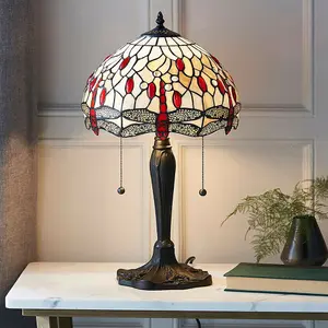 Tiffany Glass Table Lamp Light Dark Bronze & Cream Red Dragonfly Shade i00189