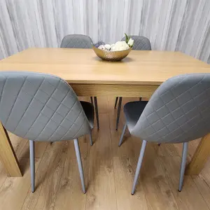 Dining Set of 4 Oak Effect Dining Table and 4 Cream Gem Patterned Stitiched Chairs