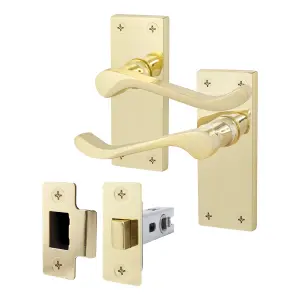 AFIT Polished Brass Victorian Scroll Door Handle Latch Set, 1 Pair of Brass Internal Lever Latch Handles on Backplate & Latch 66mm