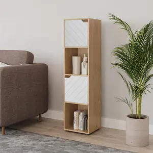 URBNLIVING 119cm Height Oak Wooden Cube Bookcase with White Line Door Display Shelf Storage Shelving Cupboard