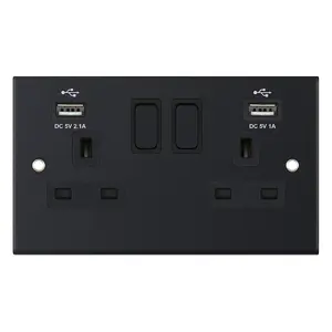 Selectric DSL11-61 Switch Socket with 2 x USB Ports 13A 2 Gang (Matt Black)