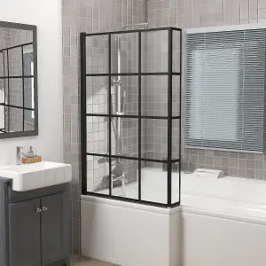 Rinse 810x1400mm Pivot Double Panel Over Bath Shower Screen Door 6mm Easy Clean Glass Shelves Door Panel Black Grid