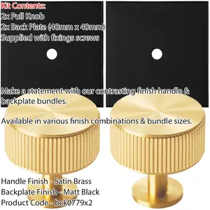 2 PACK - Cabinet Door Knob & Contrasting Backplate Set - Reeded Kitchen Pull - Satin Brass & Matt Black