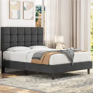 Size Modern Upholstered Bed Frame with Square Tufted Headboard Dark Grey / Double (4'6)