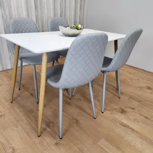 Wooden Dining Table with 4 Grey Gem Patterned Chairs White Table with Grey Chairs