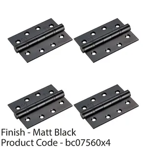 4 PACK - PAIR Grade 13 Heavy Duty Ball Bearing P Hinge - 107 x 77mm Matt Black Door