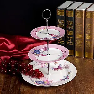 London Boutique 3 Tiered Cake Stands Afternoon tea Porcelain Shabby Chic Butterfly in gift box