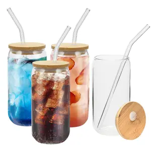 4 X 16oz Can Shaped Glass Cups - Drinking Glasses with Bamboo Lids and Glass Straw - Classic Design With Aesthetic Appeal