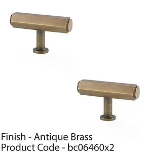 2 PACK - Industrial Hex T Bar Cabinet Door Knob - 55mm x 38mm - Antique Brass Pull Handle