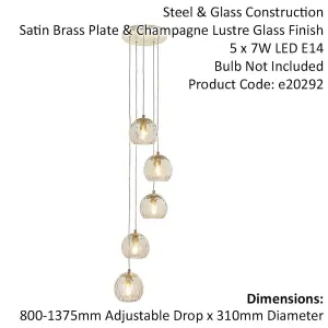 Satin Brass 5 Light Ceiling Pendant Fitting & Campagne Dimpled Glass Shades