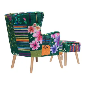 Fabric Green Patchwork Abigail Accent Wingback Chair with Footstool