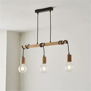 Hanging Ceiling Bar Pendant Light - Matt Black & Natural Wood - 3 X 10W LED E27