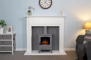 Adam Florence Stove Fireplace in Pure White with Aviemore Electric Stove in Grey Enamel, 48 Inch