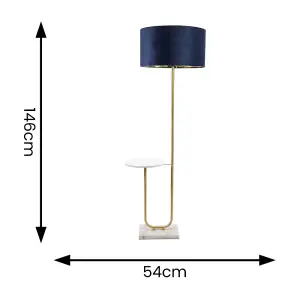 ValueLights Tavel Gold Floor Lamp with Table and Navy Blue Velvet with Gold Inner Lamp Shade and LED Bulb