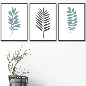 Set of 3 Graphical Blue Grey Leaves Wall Art Prints / 30x42cm (A3) / Black Frame