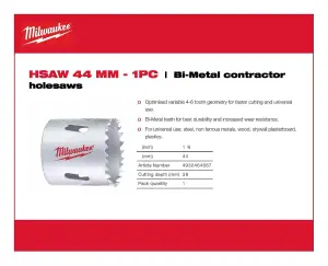 Milwaukee - Bi-Metal Contractor Holesaw - 44mm - 1 Piece