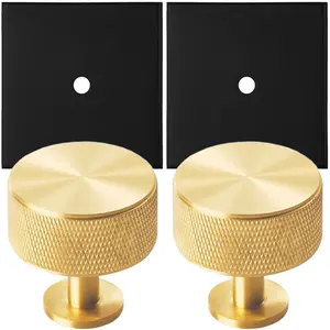 2 PACK - Cabinet Door Knob & Contrasting Backplate Set - Knurled Kitchen Pull - Satin Brass & Matt Black