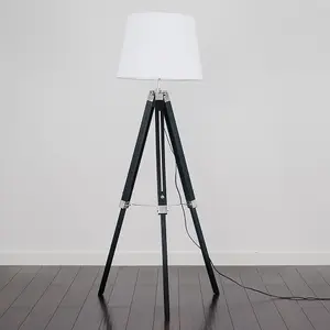 ValueLights Clipper Black Wood and Silver Chrome Tripod Floor Lamp with White Tapered Light Shade with 6w LED GLS Bulb