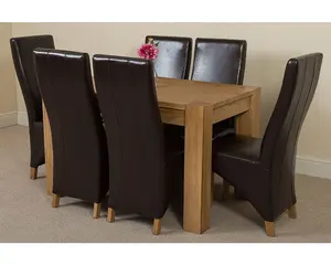 Kuba 125 x 80 cm Chunky Oak Small Dining Table and 6 Chairs Dining Set with Lola Brown Leather Chairs