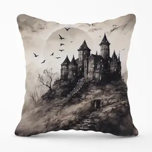 A Realistic Ink Drawing Of A Haunted Castle Outdoor Cushion 45cm x 45cm