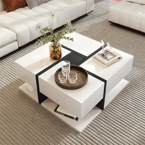 Coffee Table, Table with 4 Drawers, color Matching and Line Design, Storage Space at the Bottom.