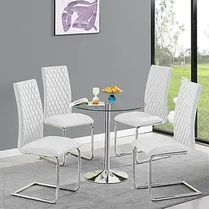 Dante Round Clear Glass Dining Table With 4 Ronn White Chairs