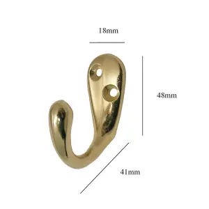 4 x Polished Brass Single Coat Hooks, Door & Wall Robe Dress Garment Hangers