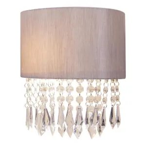 First Choice Lighting Set of 2 Jewelled Silver Grey Fabric Wall Lights With Clear Beaded Crystal Style Strings