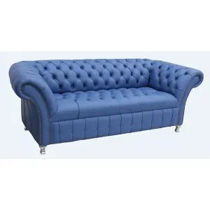 Chesterfield 3 Seater Buttoned Seat Deep Ultramarine Blue Leather Metal Feet Sofa Bespoke In Balmoral Style