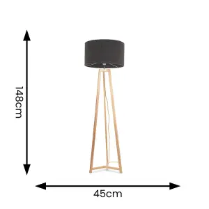 ValueLights Lottie Natural Wood Tripod Floor Lamp with Charcoal Grey Boucle Drum Shade