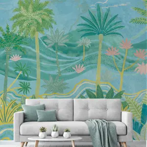 Grandeco Palm Spring Landscape Scene 7 panel Repeatable Textured Mural, 2.8 x 3.71m, Blue