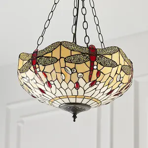 Luminosa Dragonfly Tiffany 3 Light Medium Inverted Ceiling Pendant Bronze, Beige