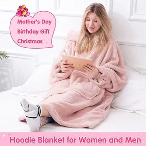 3 In 1 Fleece Cozy Blanket Sleeves Snuggle Rug Wrap Snug Memory Foam Slippers & Insole - Pink