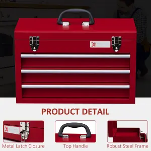 DURHAND Lockable 3 Drawer Tool Chest with Ball Bearing Slide Drawers Red