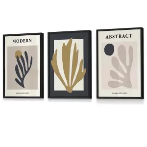 Set of 3 Matisse Style Floral Cut Out Navy & Yellow Wall Art Prints / 30x42cm (A3) / Black Frame