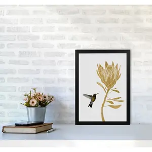 Hummingbird & Flower I - Print Honey Oak Frame / 42 cm H x 30 cm W x 5 cm D