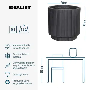 IDEALIST 30cm Round Planter with Drainage Holes, Ribbed Black Reinforced Stone Cylinder Outdoor Plant Pot D30 H30 cm, 16L