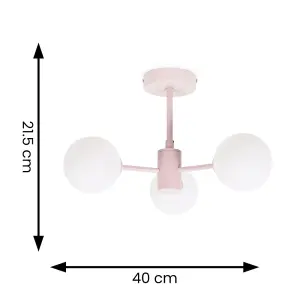 ValueLights Marlow Blush Pink 3 Way Ceiling Light with White Frosted Glass Globe Lampshades - LED Bulbs Included