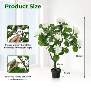 Costway 105cm Artificial Hydrangea Tree Fake Floral Potted Plant with 11 White Flowers