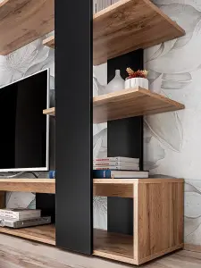 Eco Contemporary Entertainment Media Unit 1 Door Shelves Oak Wotan Effect & Black (W)1900mm (H)1520mm (D)350mm