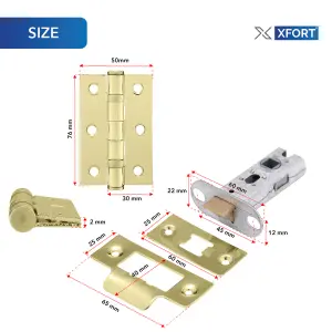 XFORT Polished Brass Tubular Latch Door Accessory Pack, Complate with 65mm Tubular Latch and 75mm Ball Bearing Hinges